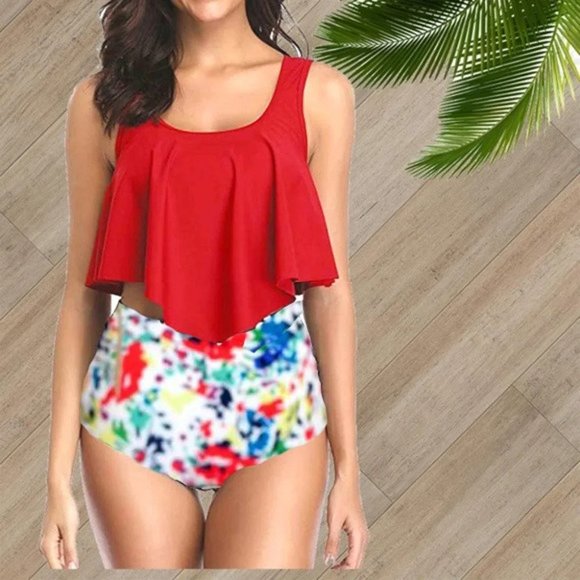 FITGLAM RED RUFFLE TWO PIECE SWIMSUIT - Picture 1 of 2